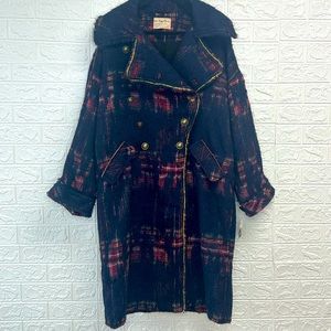 Free people blue plaid long coat size large